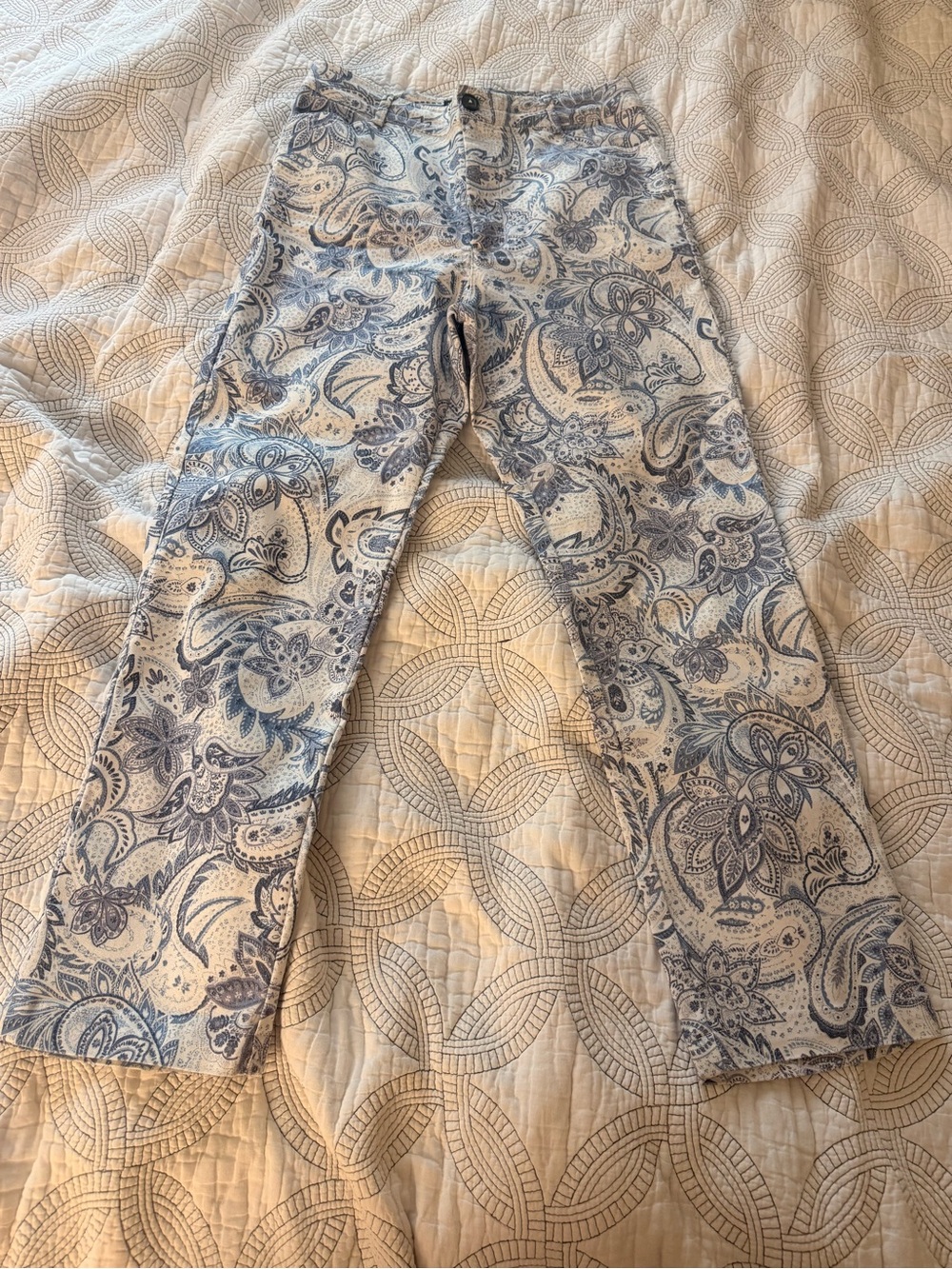 Zara Cream and Blue Paisley Wide-Leg Jeans